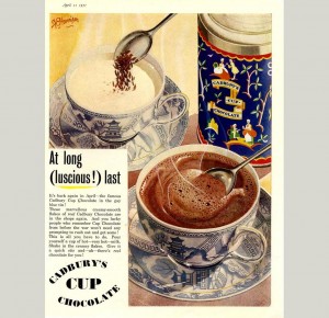 The Cadbury Cup Chocolate in the gay blue tin! Ad from 1951